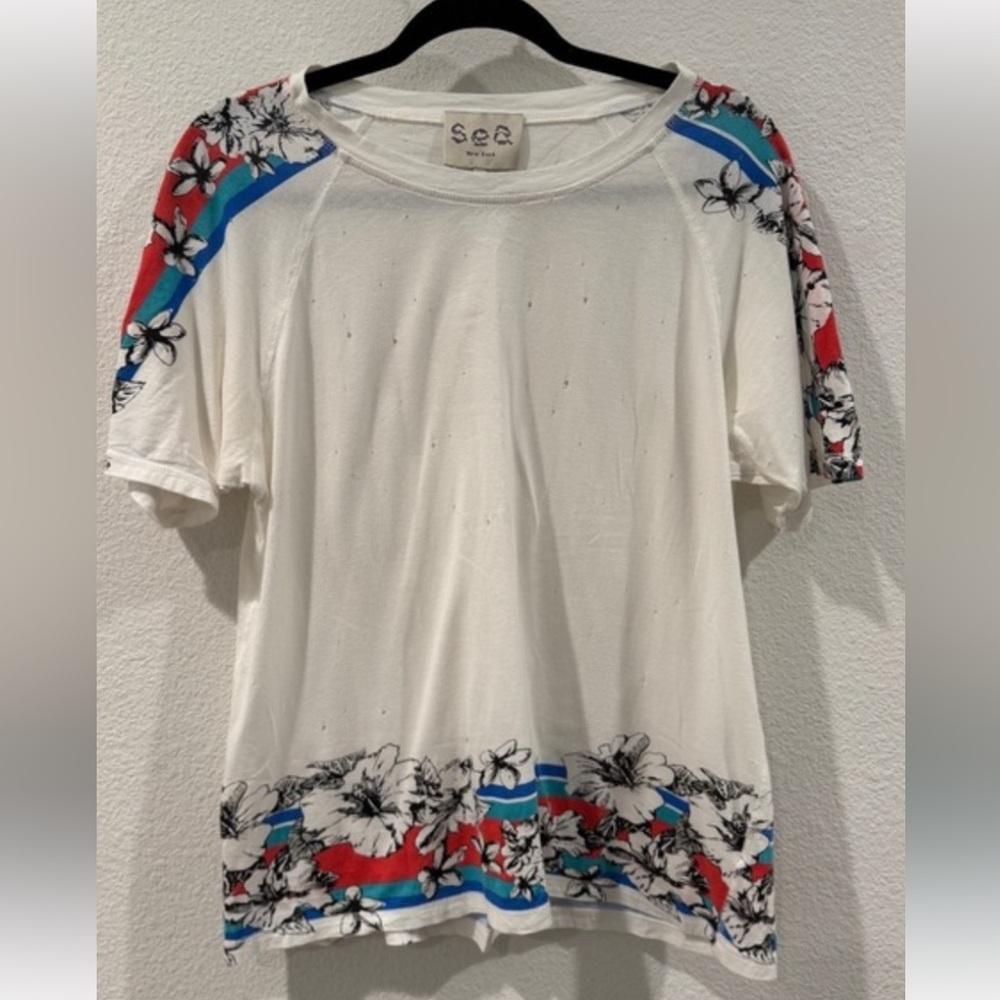Sea NY Ivory Floral Tee with Scarlet and Azure Stripes